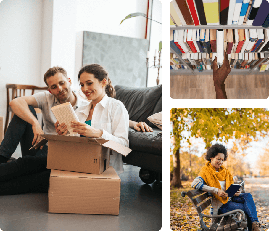 a collage of three images consisting of a young couple sitting on the floor in front of their couch looking a book they just took out of a cardboard box, an aerial view of a close up of a hand pulling a book out from a library shelf and a young African American woman sitting on a park bench reading a book during the Autumn season