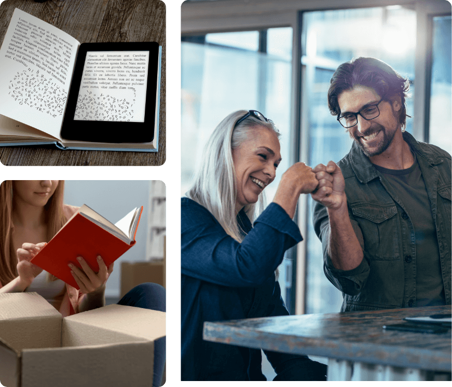 a collage of three images including a photo of an E-book on top of an opened book, a woman sitting on the floor in front of an opened cardboard box reading a red book and an image of a middle aged man giving a fist bump to an elderly woman