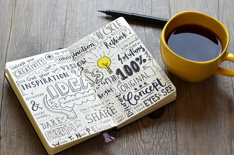 Handwritten sketch notes in a notebook on dark wooden table with a yellow coffee cup and black pen laying next to it