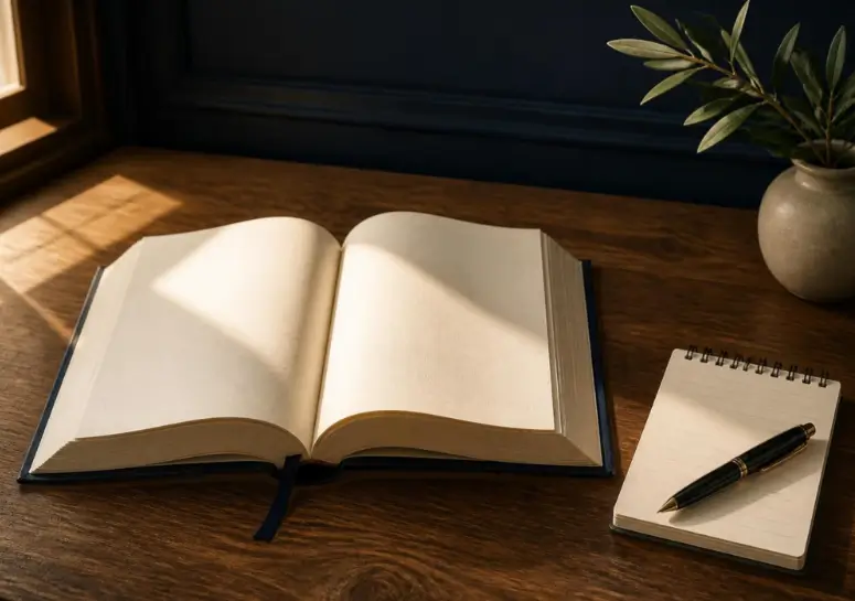 open book with a pen and notepad beside it on a wooden desk